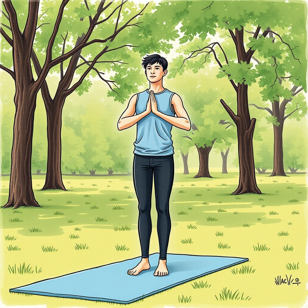 運動の公園でヨガマットの上で立つ運動する人のイラスト（色鉛筆）
