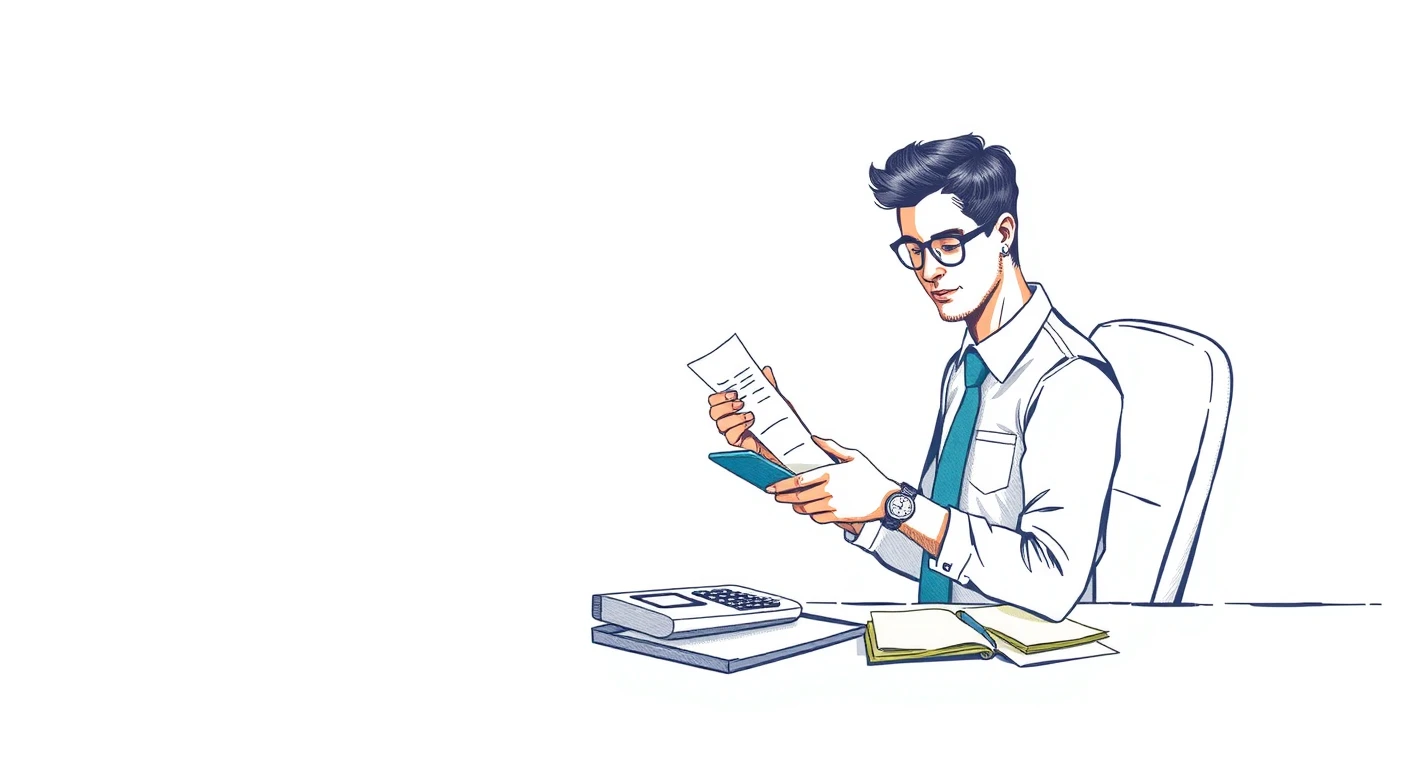 領収書を整理し経費精算をするオフィスワーカーの色鉛筆風イラスト