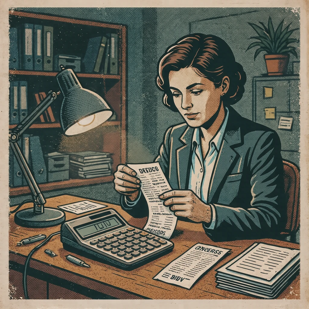 領収書を整理し経費精算をするオフィスワーカーのイラスト（レトロ印刷）
