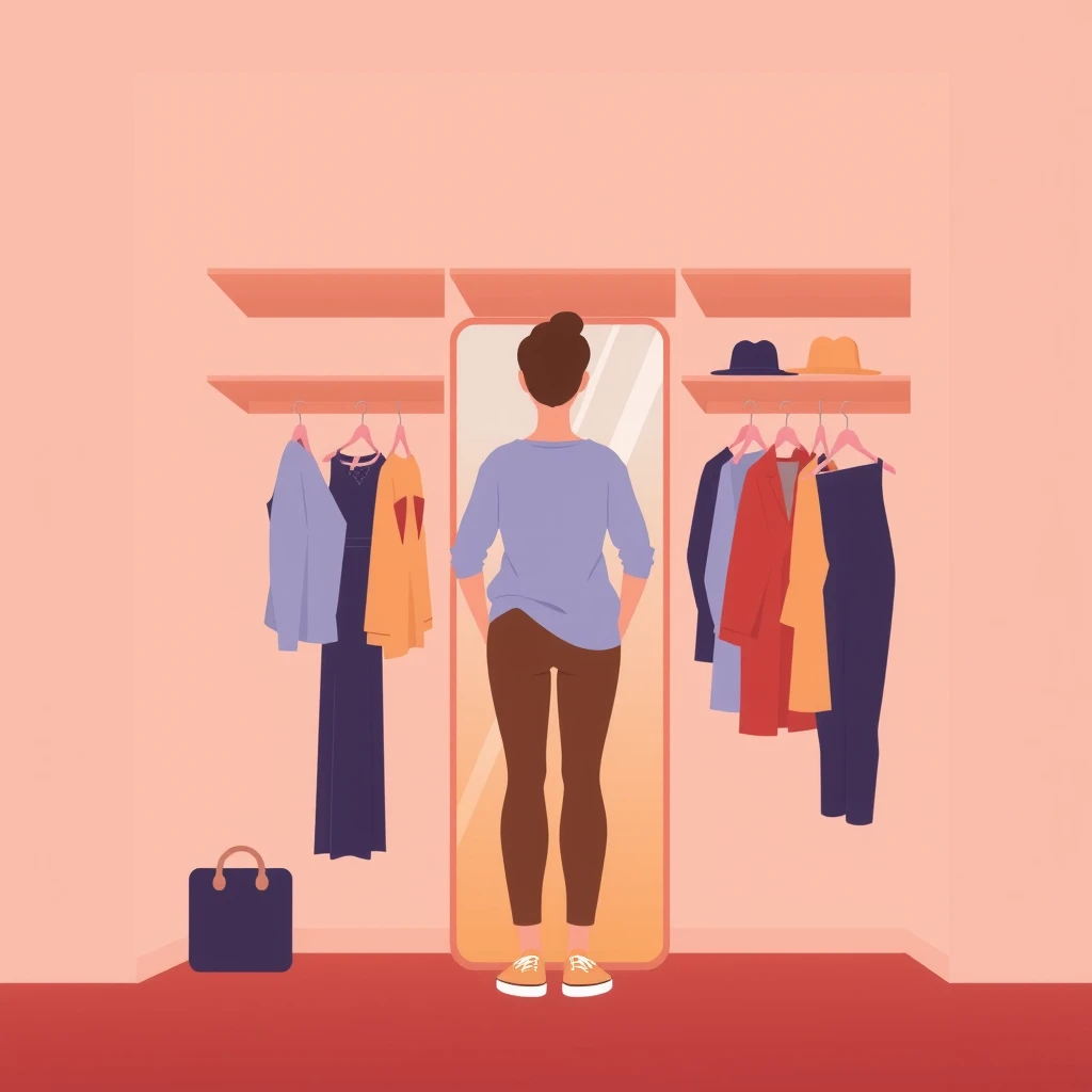 Flat illustration of a person choosing a fashion outfit in front of a mirror