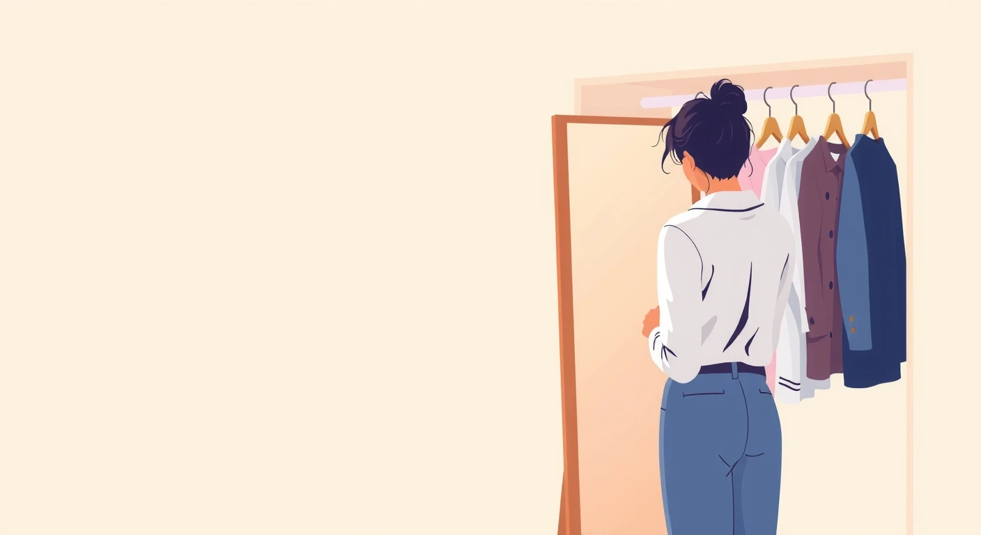 鏡の前でコーディネートを選ぶ人のパステル調のイラスト