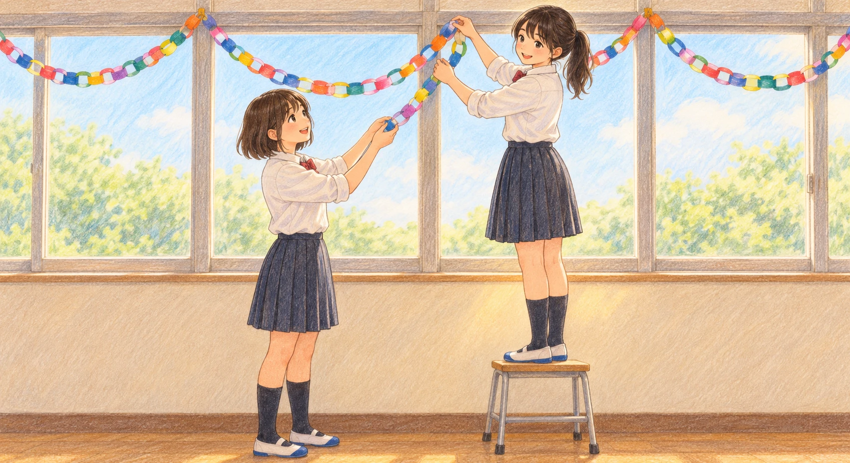 文化祭に向けて教室を飾りつける生徒たちのイラスト(色鉛筆)