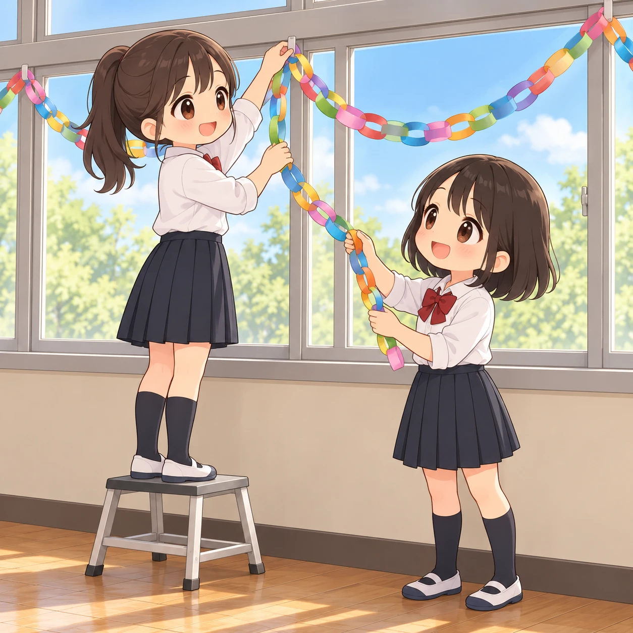 文化祭に向けて教室を飾りつける生徒たちのイラスト(デフォルメ)