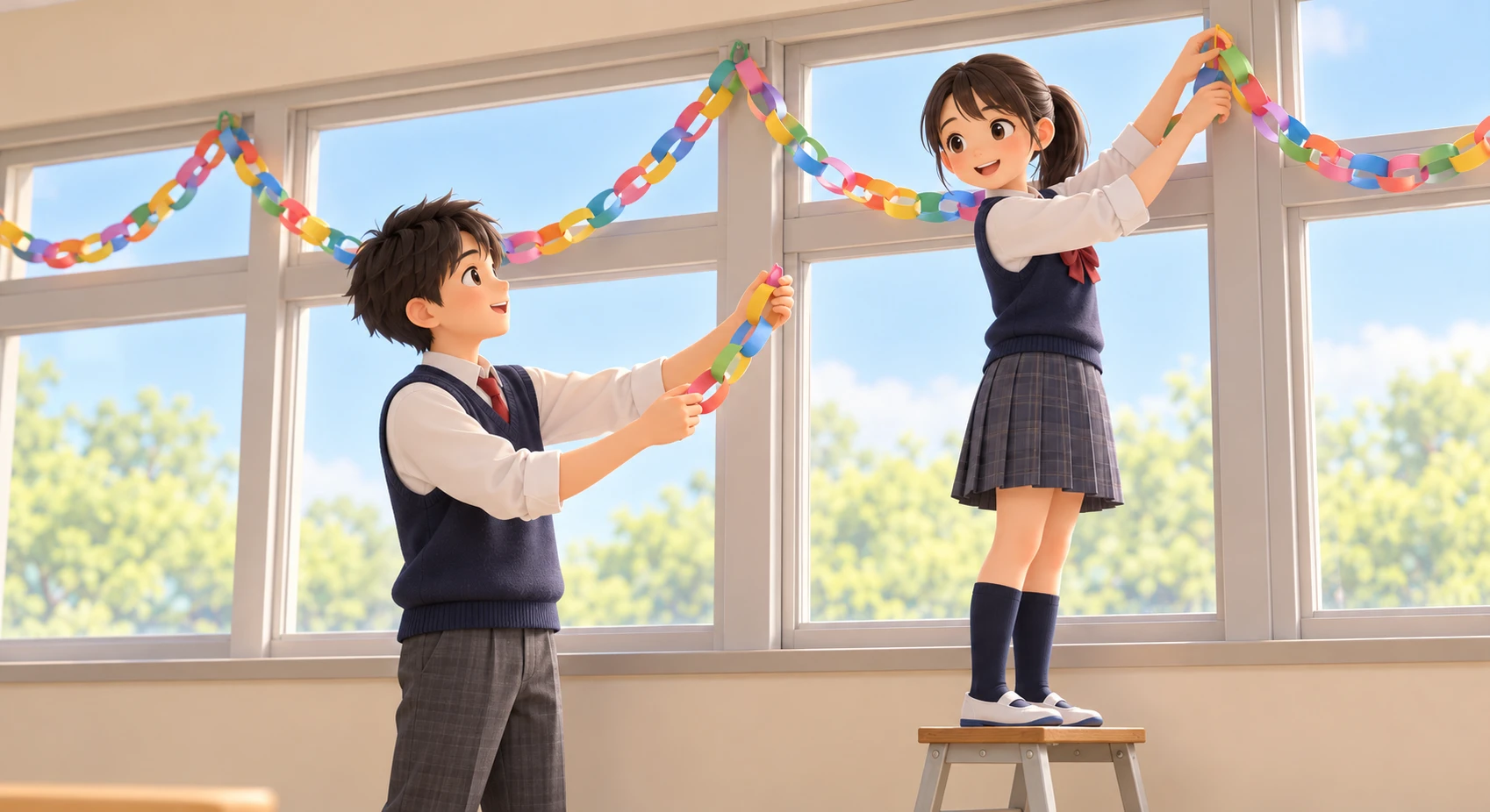 Illustration of students decorating a classroom for a school festival (soft 3D)