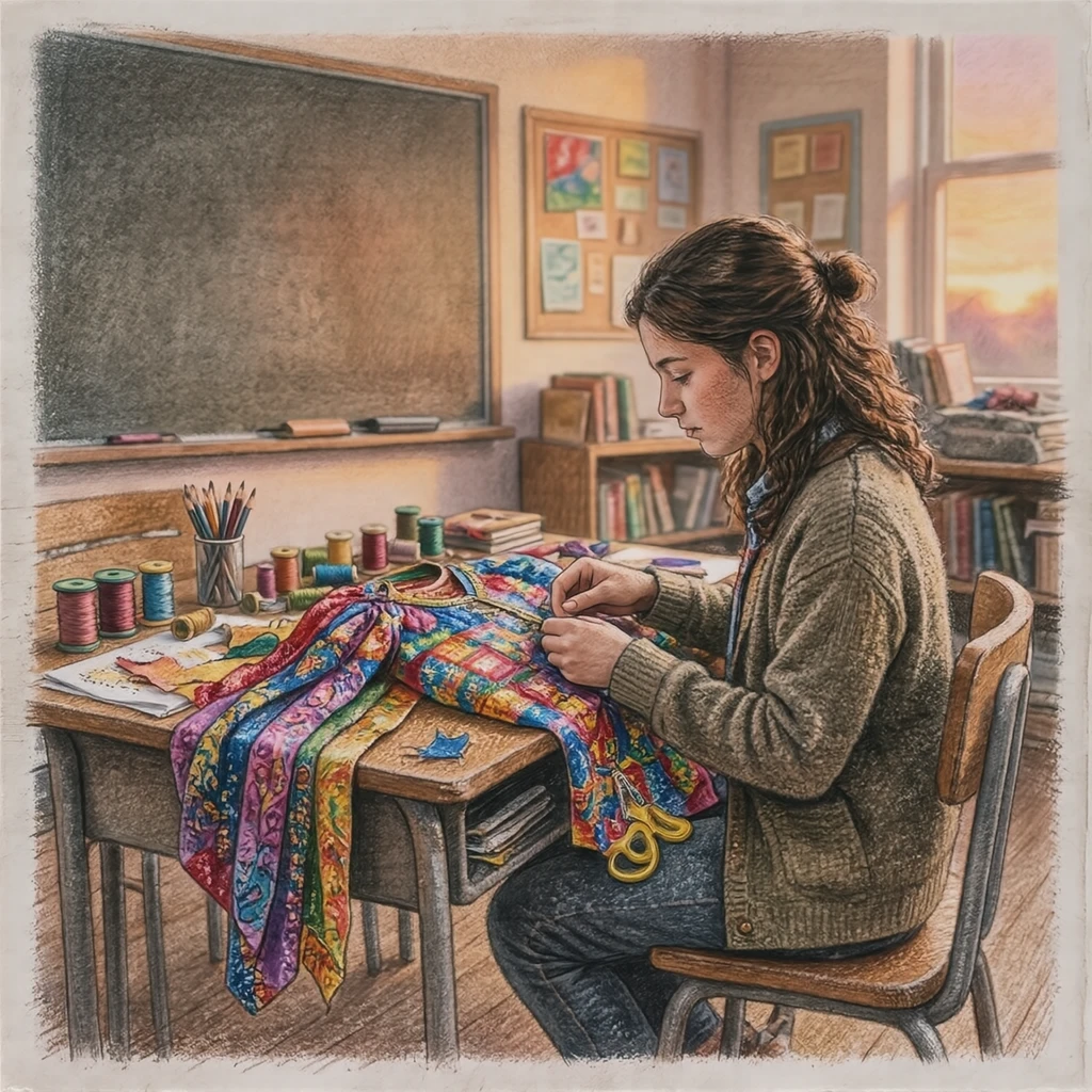 Illustration of a student making a costume for a school festival (colored pencil)