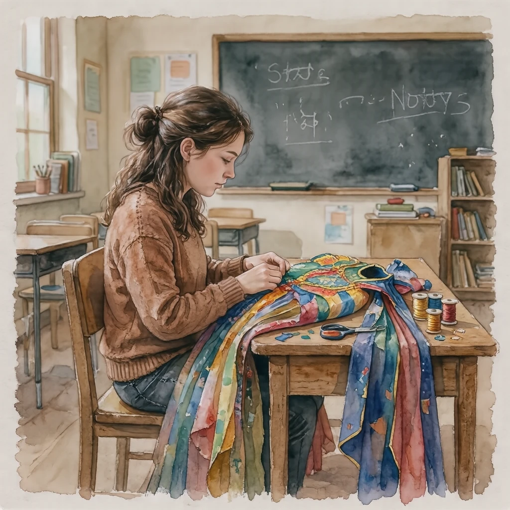 Illustration of a student making a costume for a school festival (watercolor)