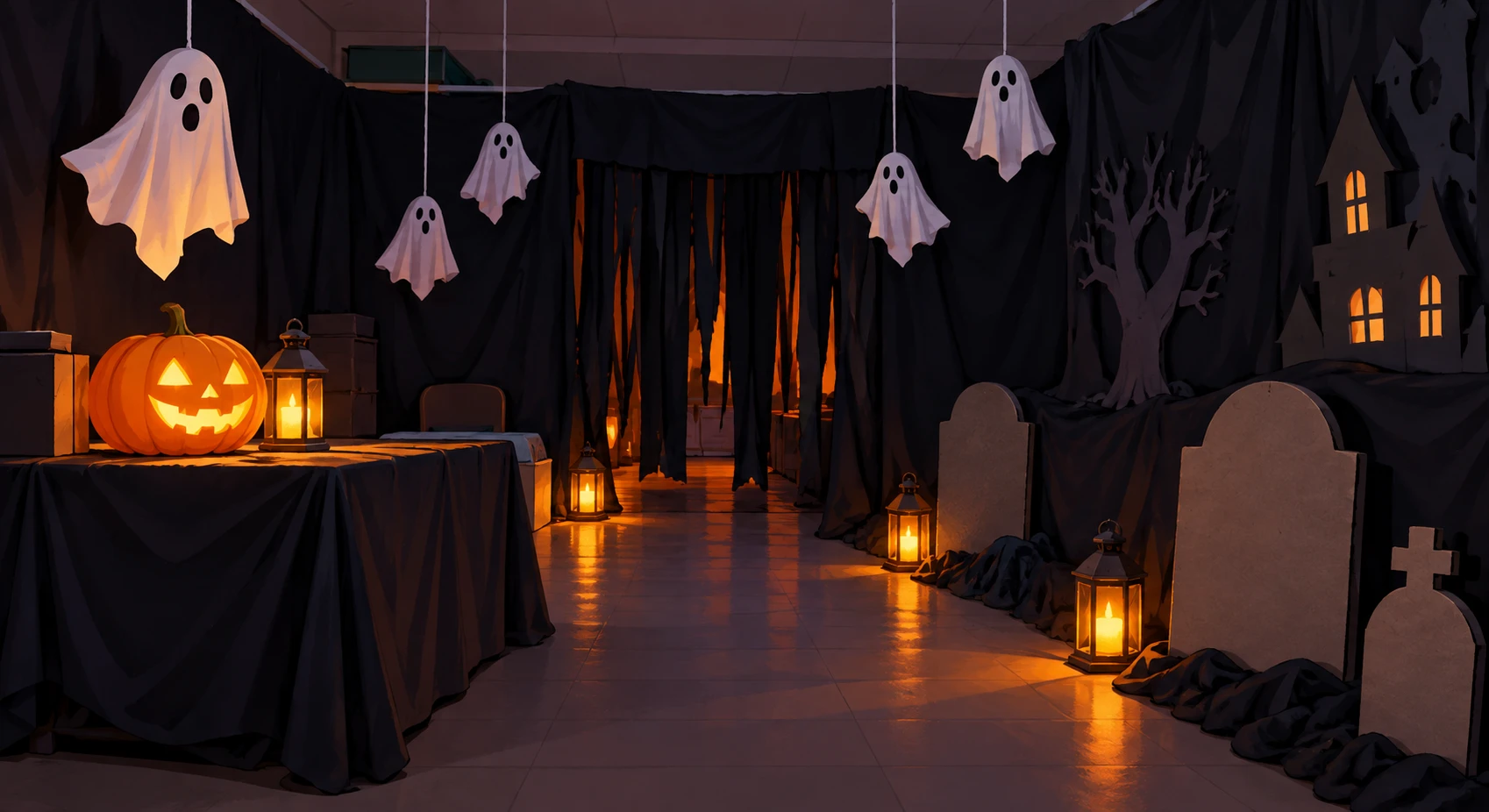 Illustration of a haunted house in a classroom at a school festival (loose cartoon)