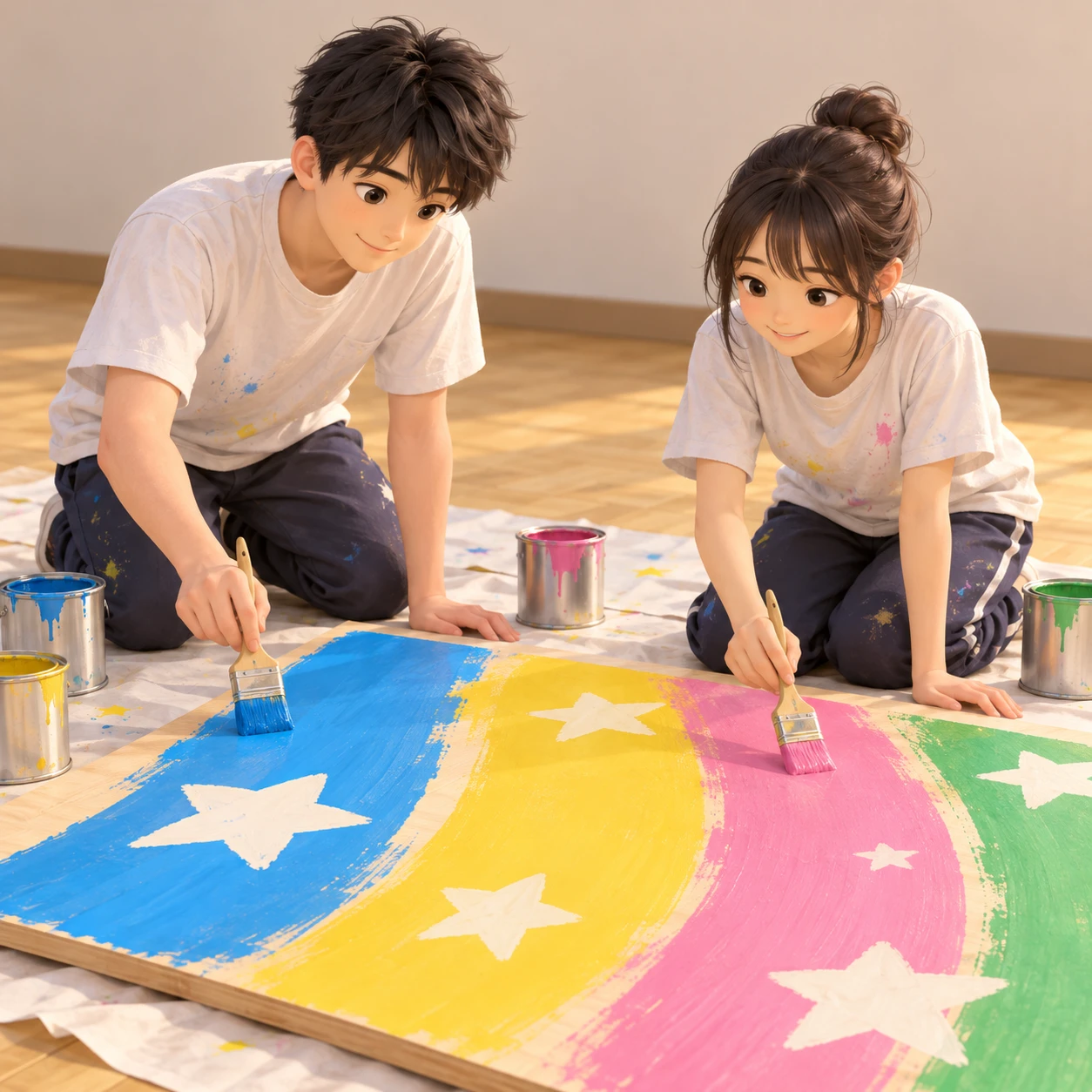 Illustration of students painting a large board for a school festival (soft 3D)