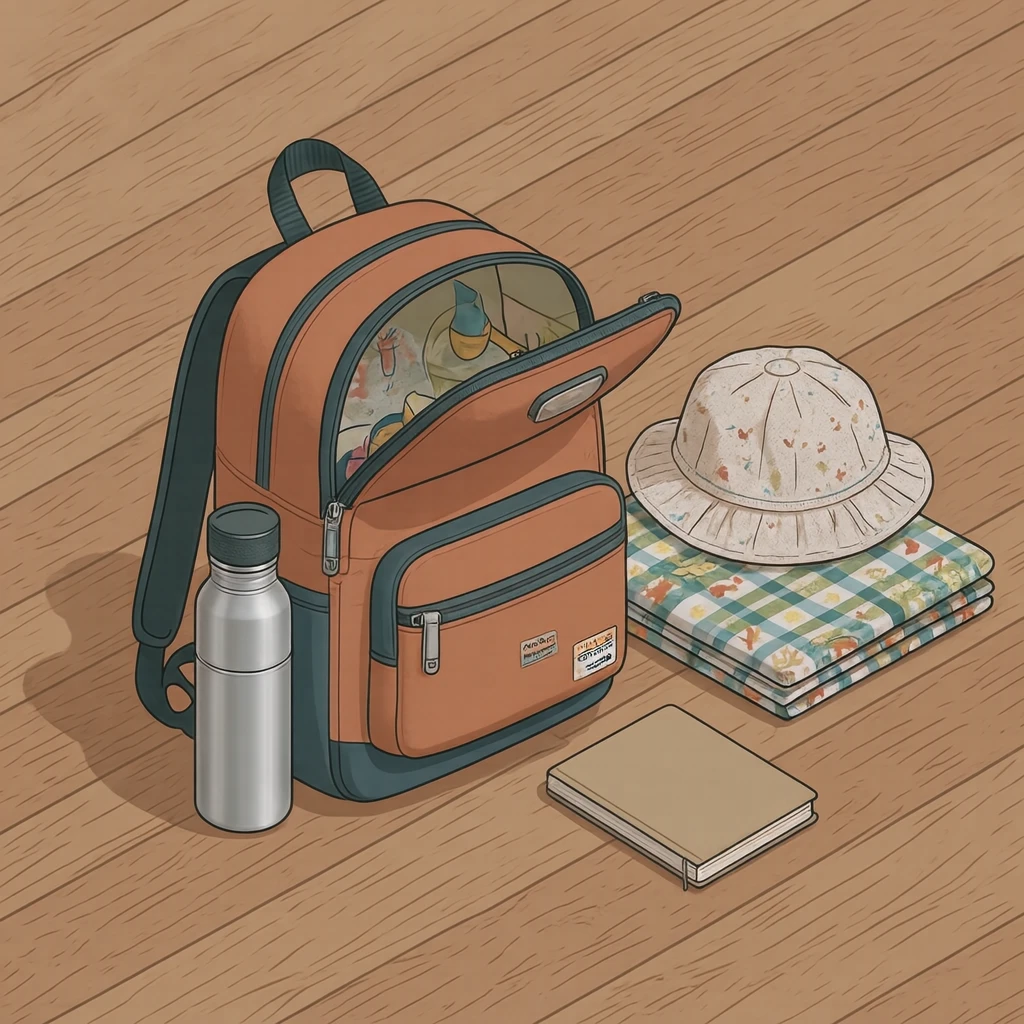 遠足の持ち物一式のイラスト（アイソメトリック）