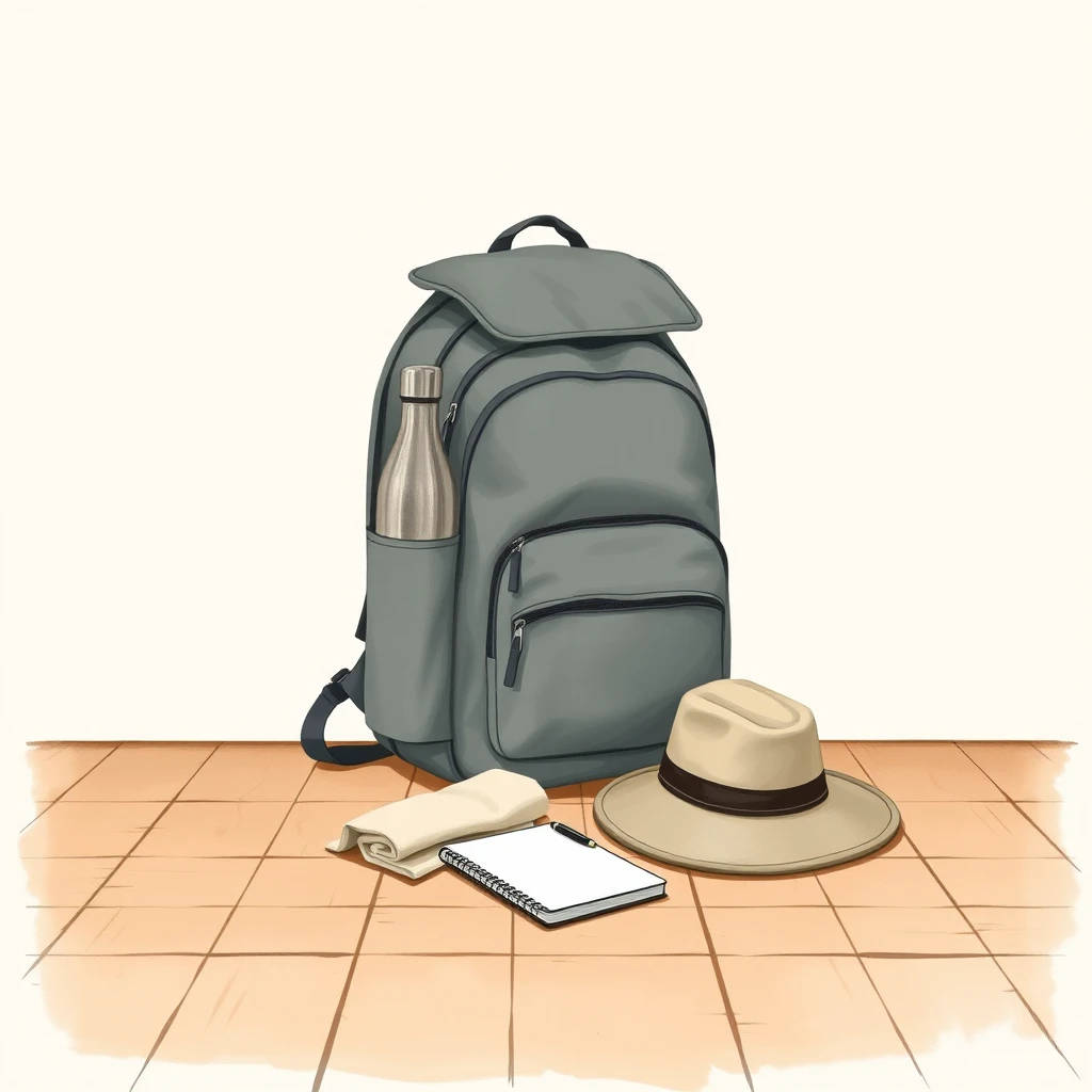 遠足の持ち物一式のグアッシュ画風イラスト