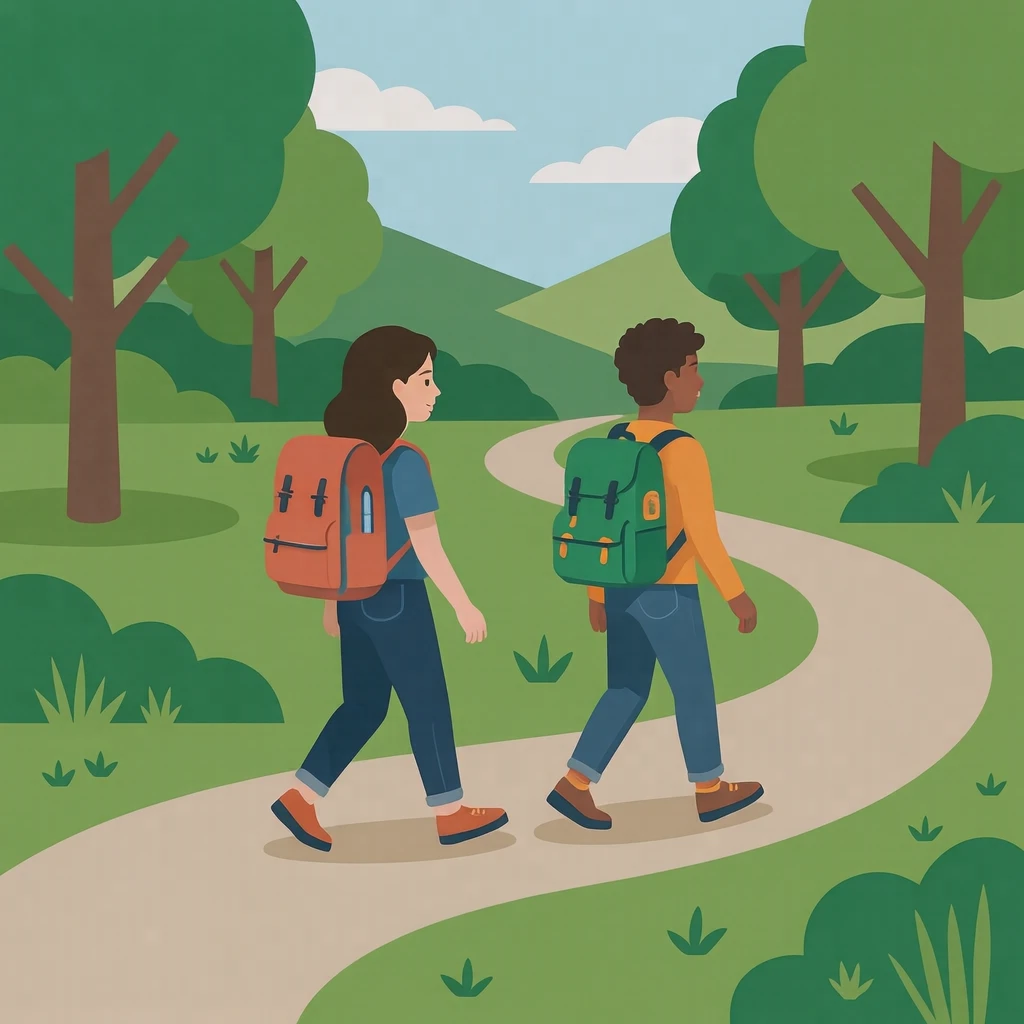 遠足で公園を歩く生徒たちのイラスト（フラットイラスト）
