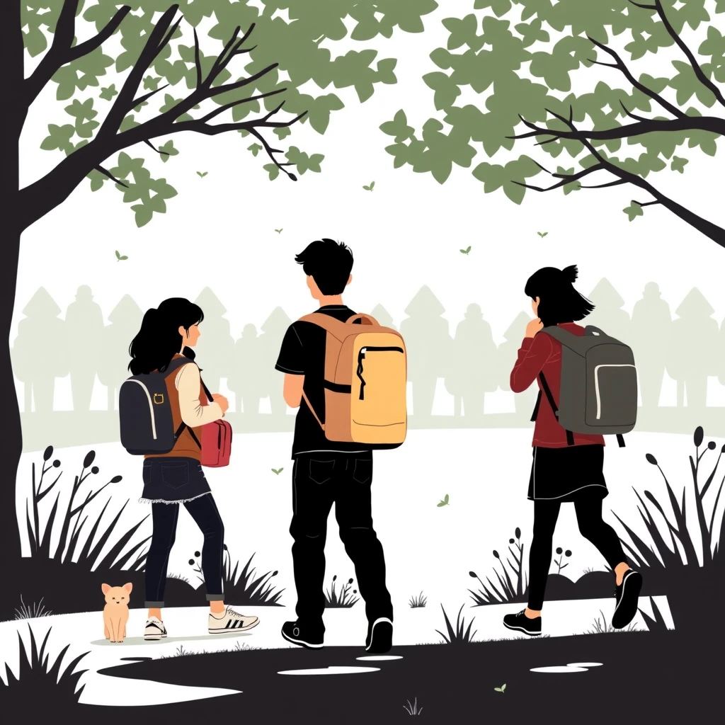 Flat illustration of students on a field trip walking in a park