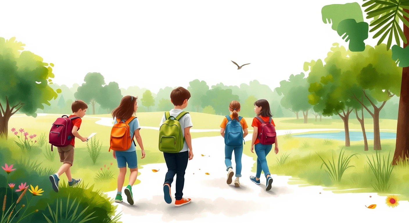遠足で公園を歩く生徒たちの水彩イラスト