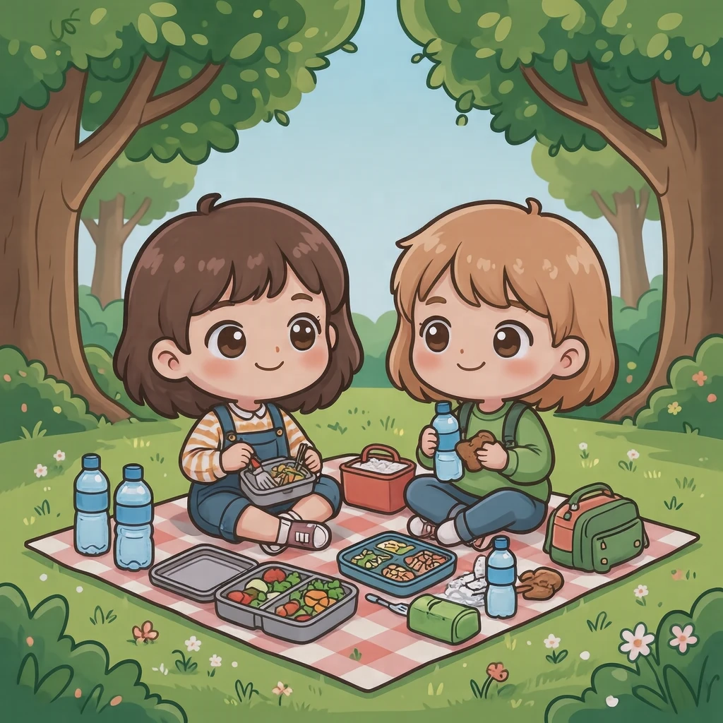 遠足でお弁当を広げる子どもたちのイラスト（デフォルメ）