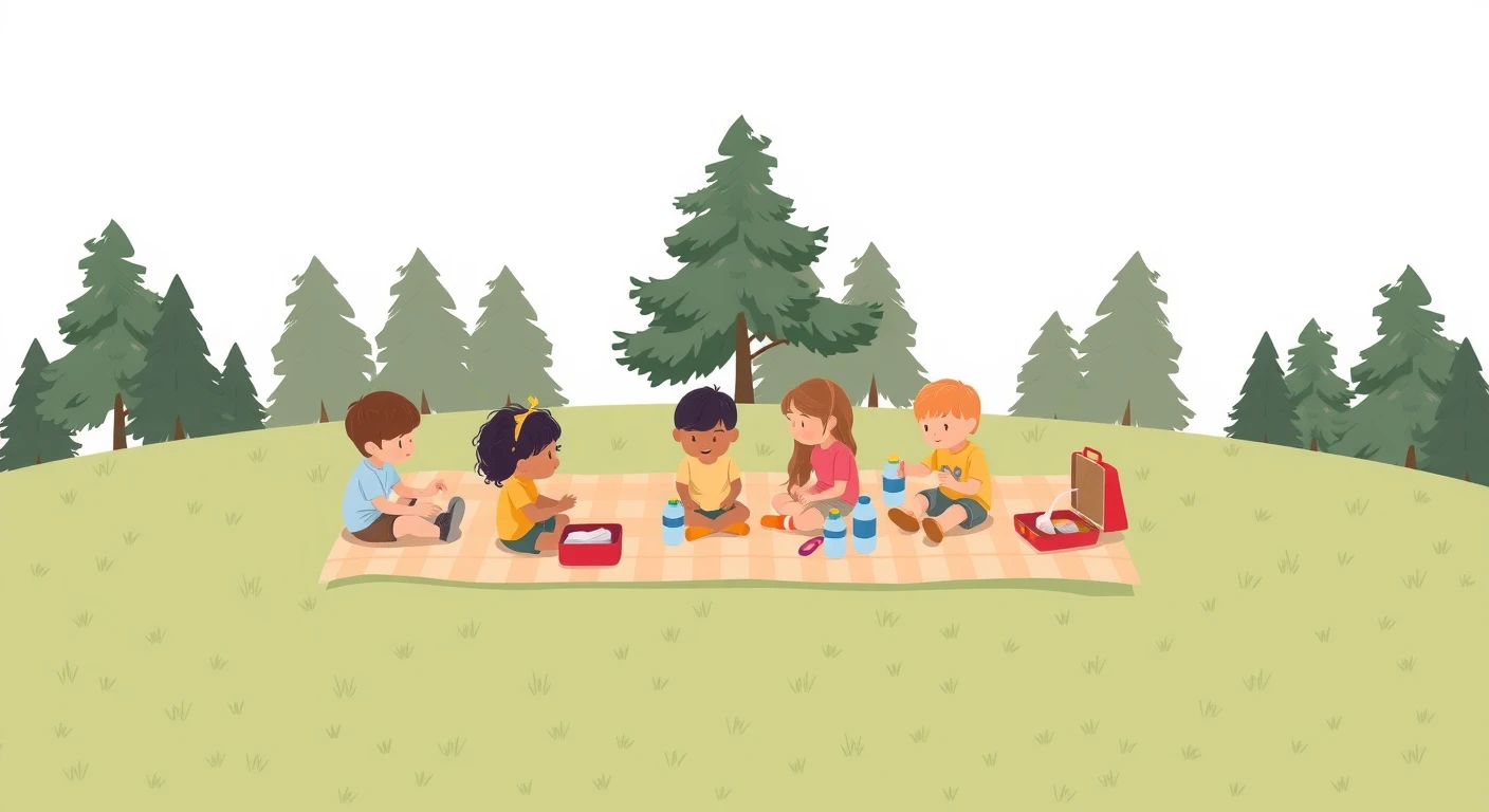 遠足でお弁当を広げる子どもたちのイラスト