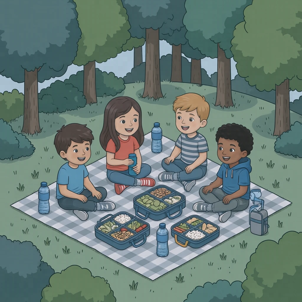 遠足でお弁当を広げる子どもたちのイラスト（アイソメトリック）