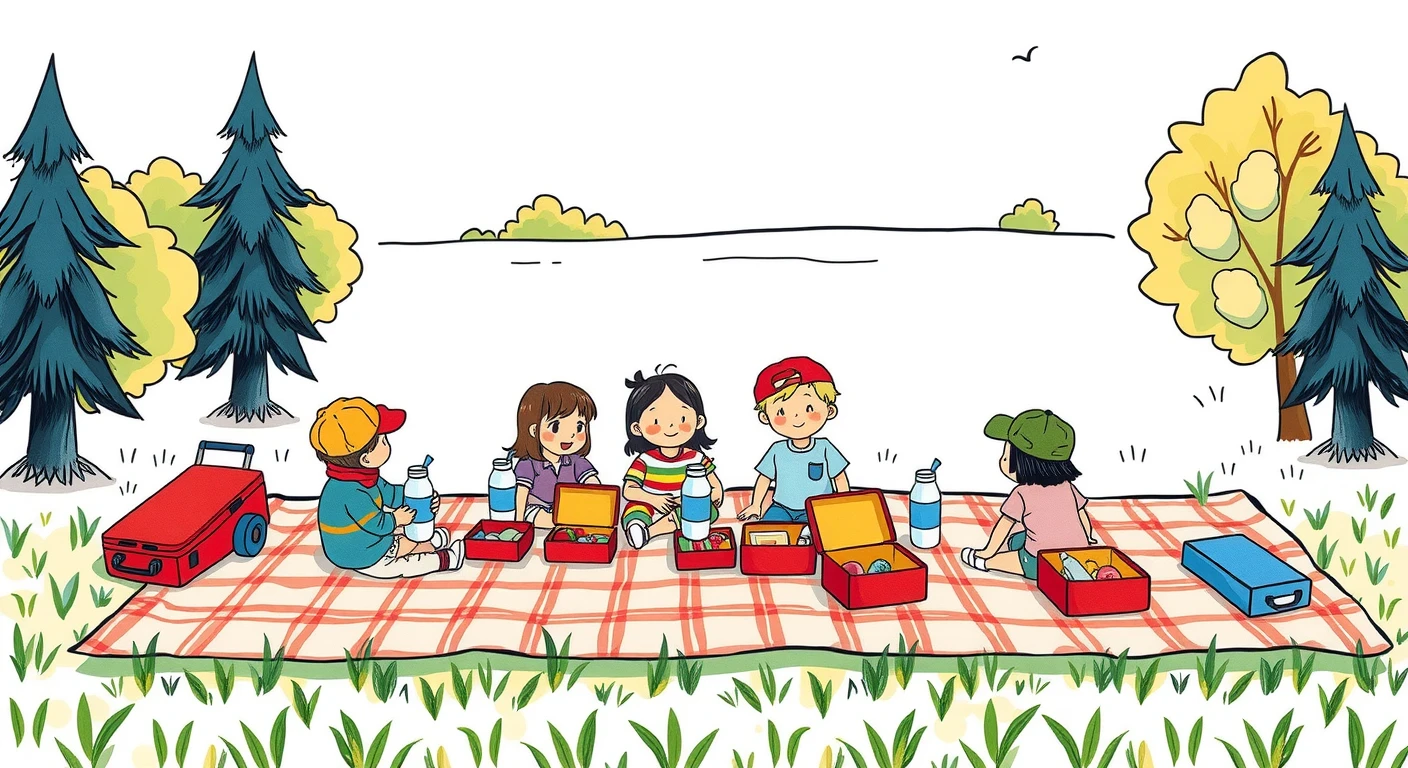 遠足でお弁当を広げる子どもたちのイラスト