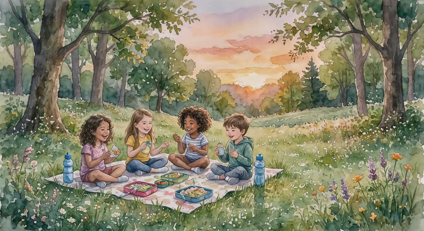 遠足でお弁当を広げる子どもたちのイラスト（水彩）