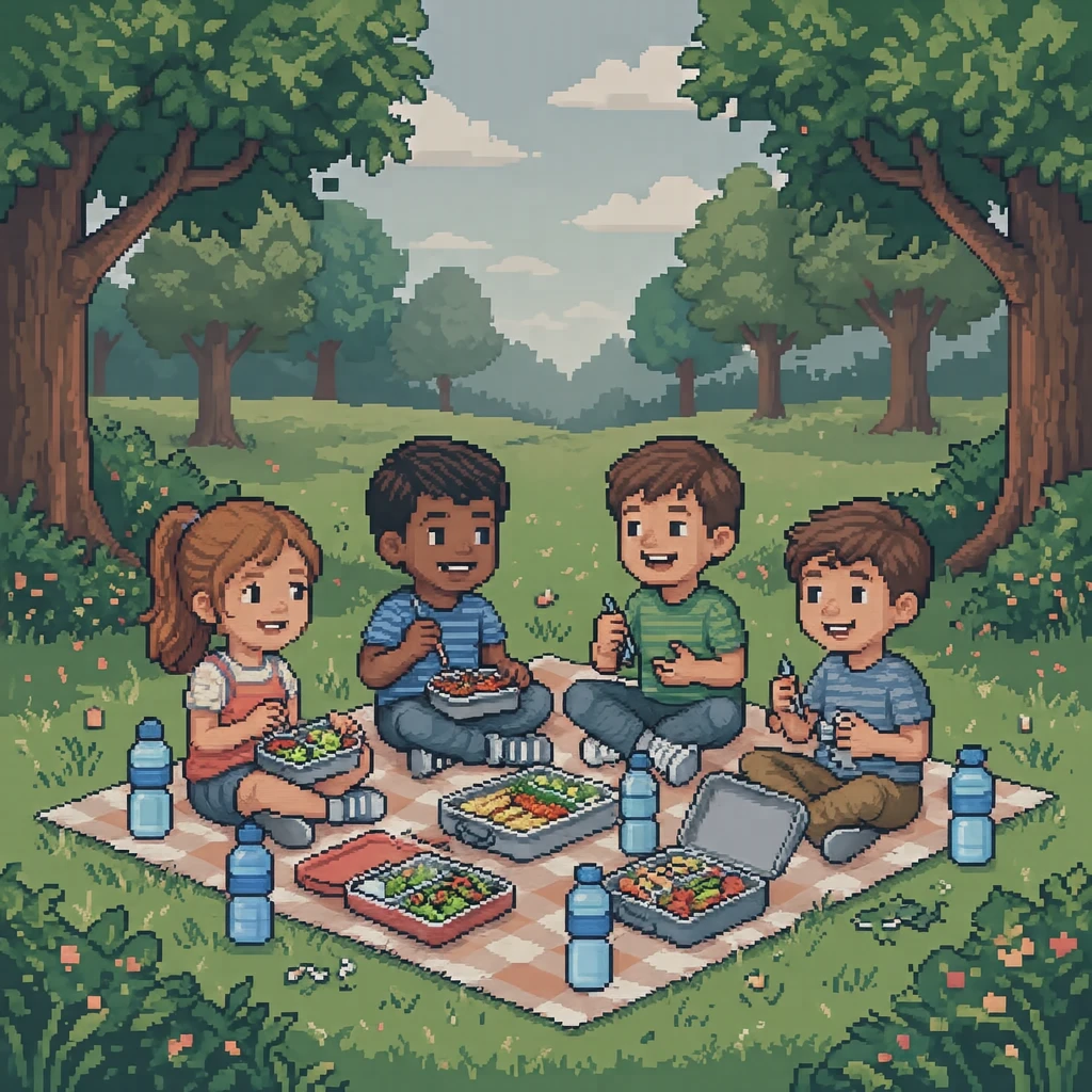 遠足でお弁当を広げる子どもたちのイラスト（ドット絵）