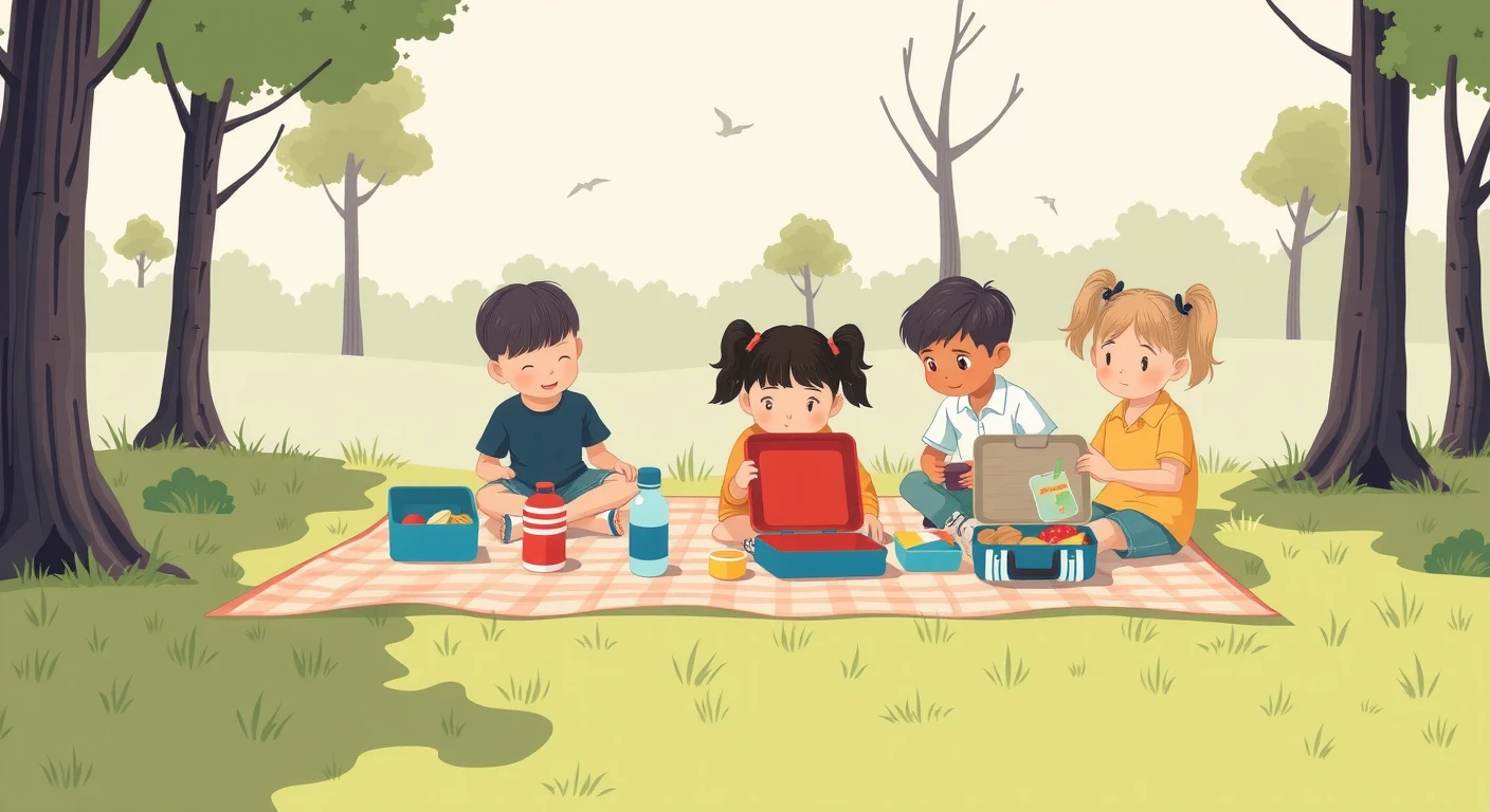 遠足でお弁当を広げる子どもたちのイラスト