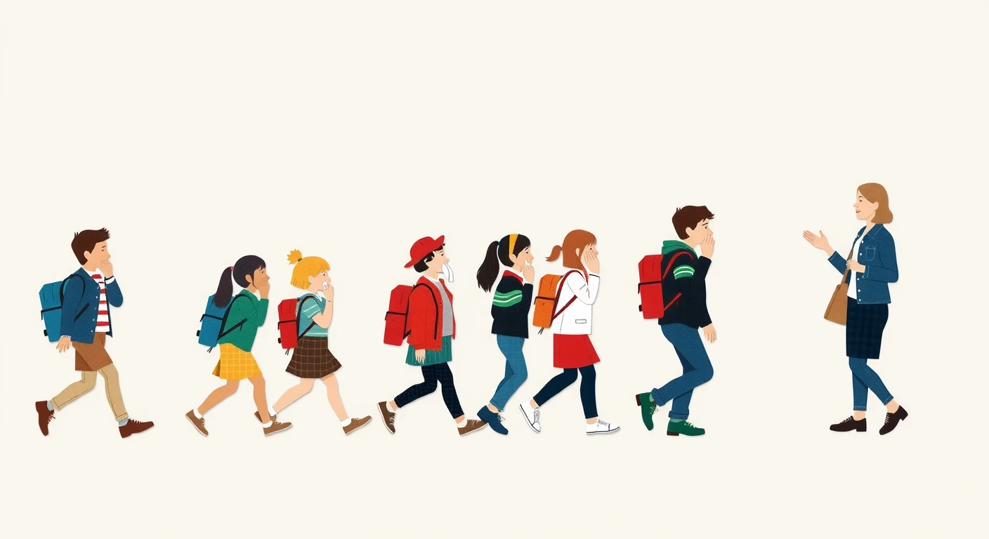 火災の避難訓練で口を覆って避難する生徒たちのイラスト