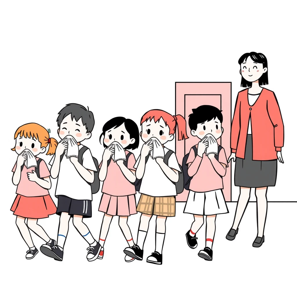 火災の避難訓練で口を覆って避難する生徒たちのイラスト