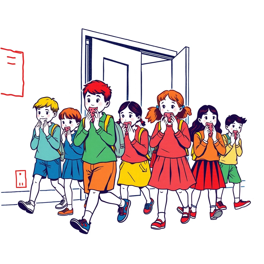 火災の避難訓練で口を覆って避難する生徒たちのイラスト