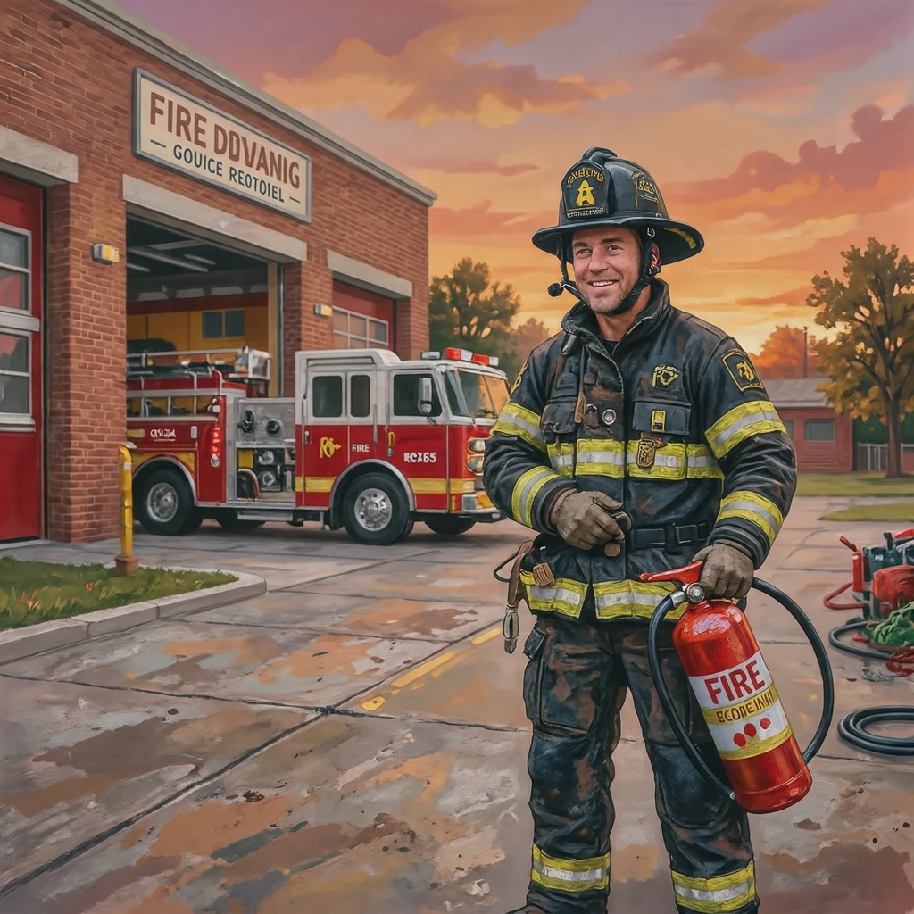 Illustration of one firefighter in protective gear holding out a fire extinguisher to the front, in the open yard of a fire station, during a drill (gouache)