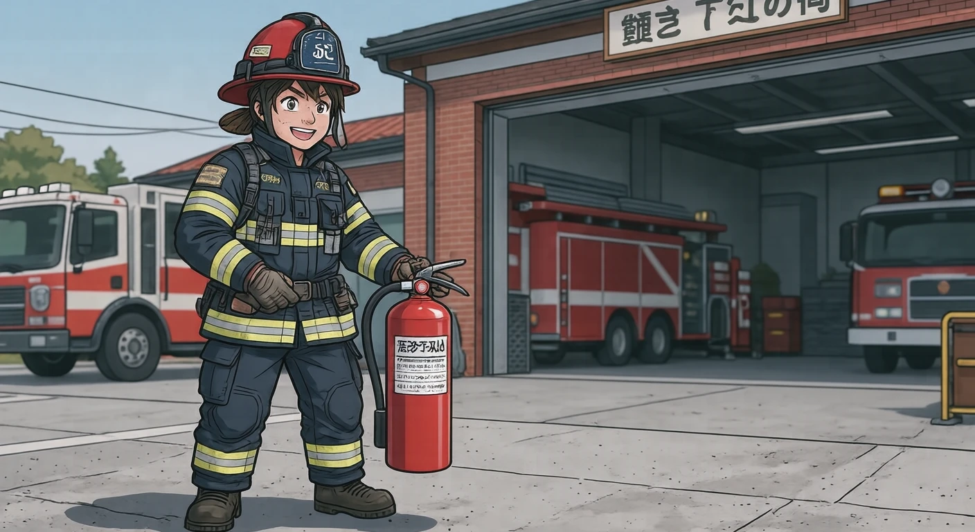 訓練中の消防署で消火器を差し出す消防士のイラスト（アニメ塗り）