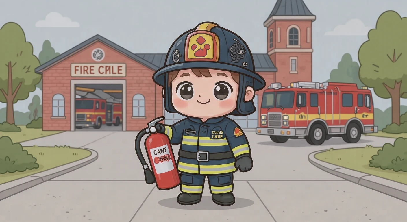 Illustration of one firefighter in protective gear holding out a fire extinguisher to the front, in the open yard of a fire station, during a drill (chibi)