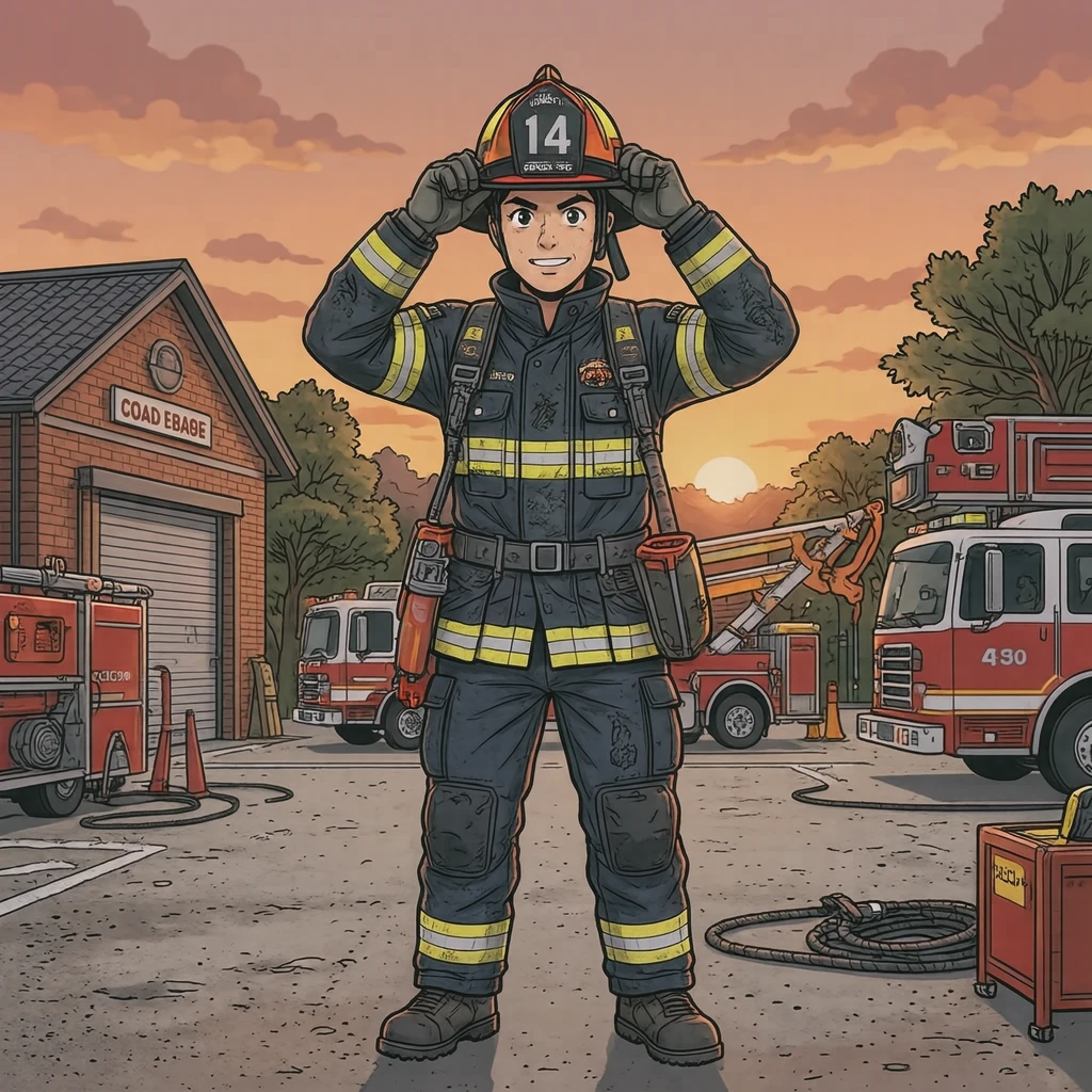 Illustration of one firefighter in protective gear fitting a helmet with both hands, in the open yard of a fire station, during a drill (anime cel-shaded)