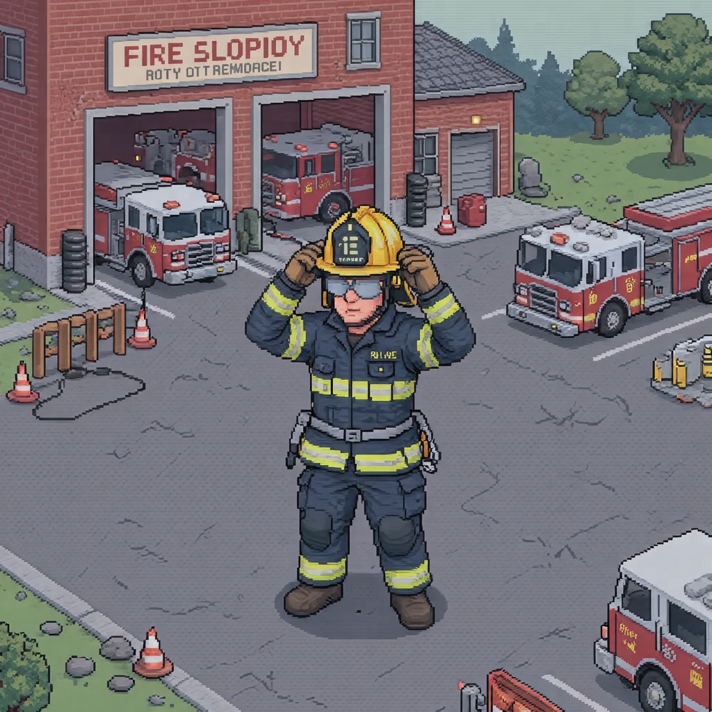 Illustration of one firefighter in protective gear fitting a helmet with both hands, in the open yard of a fire station, during a drill (pixel art)