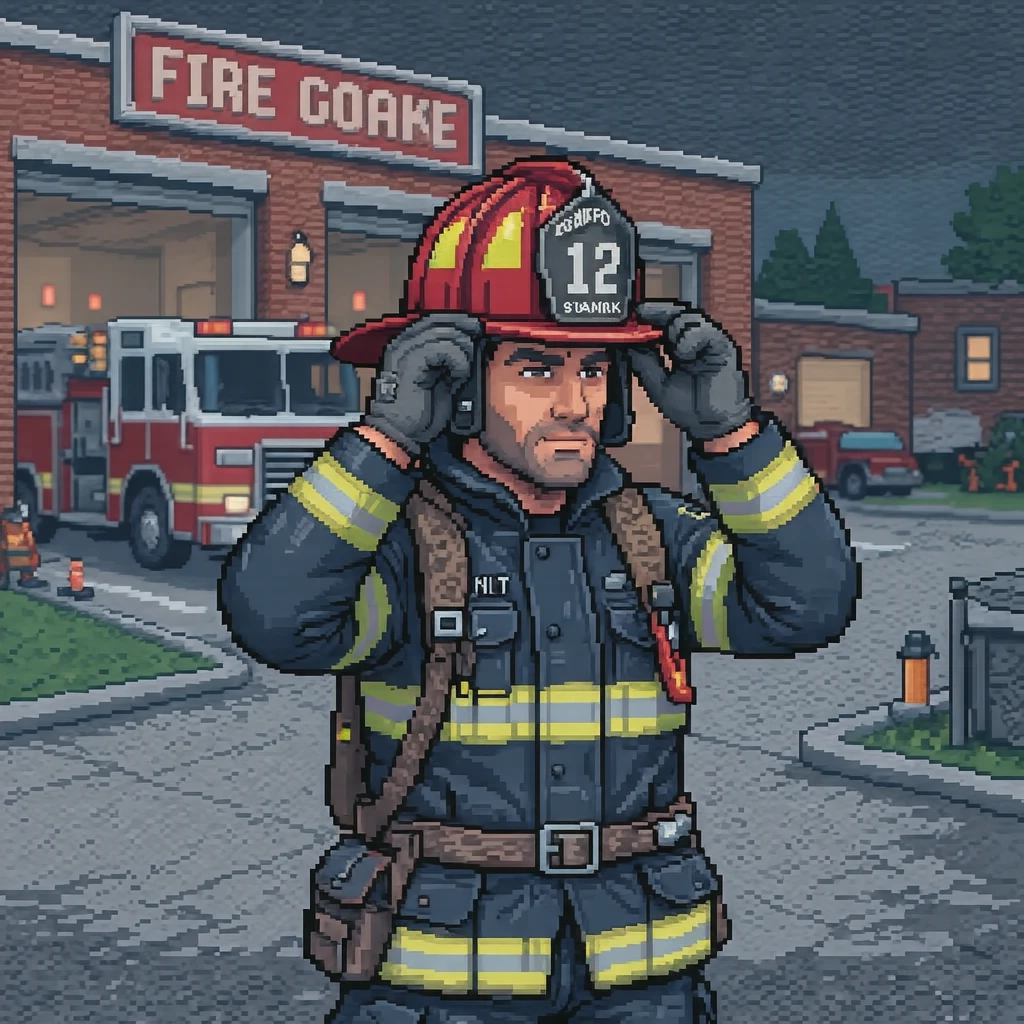 訓練中の消防署でヘルメットをかぶる消防士のイラスト（ドット絵）