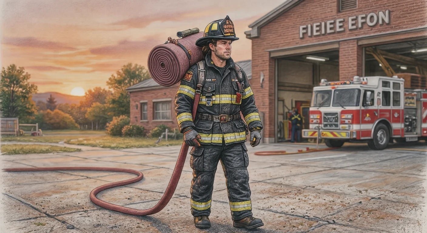 Illustration of one firefighter in protective gear carrying a rolled fire hose on one shoulder, in the open yard of a fire station, during a drill (colored pencil)
