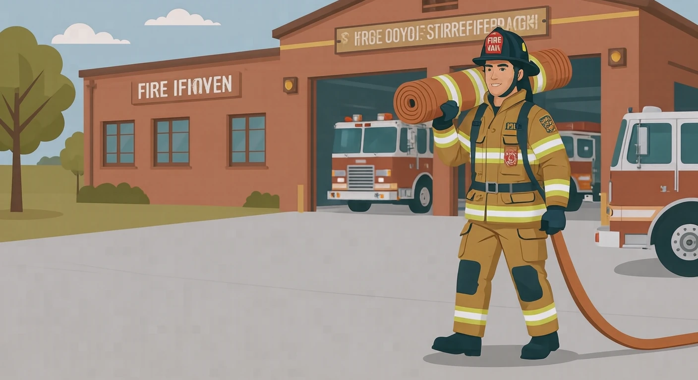 Illustration of one firefighter in protective gear carrying a rolled fire hose on one shoulder, in the open yard of a fire station, during a drill (flat illustration)