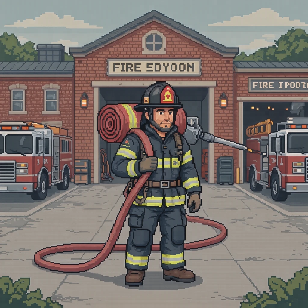 Illustration of one firefighter in protective gear carrying a rolled fire hose on one shoulder, in the open yard of a fire station, during a drill (pixel art)