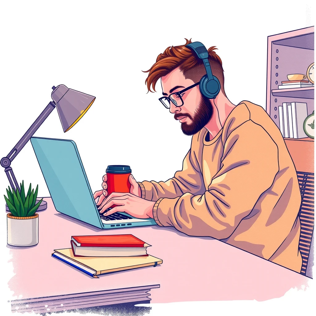 副業でノートパソコンを使うフリーランスの色鉛筆風イラスト