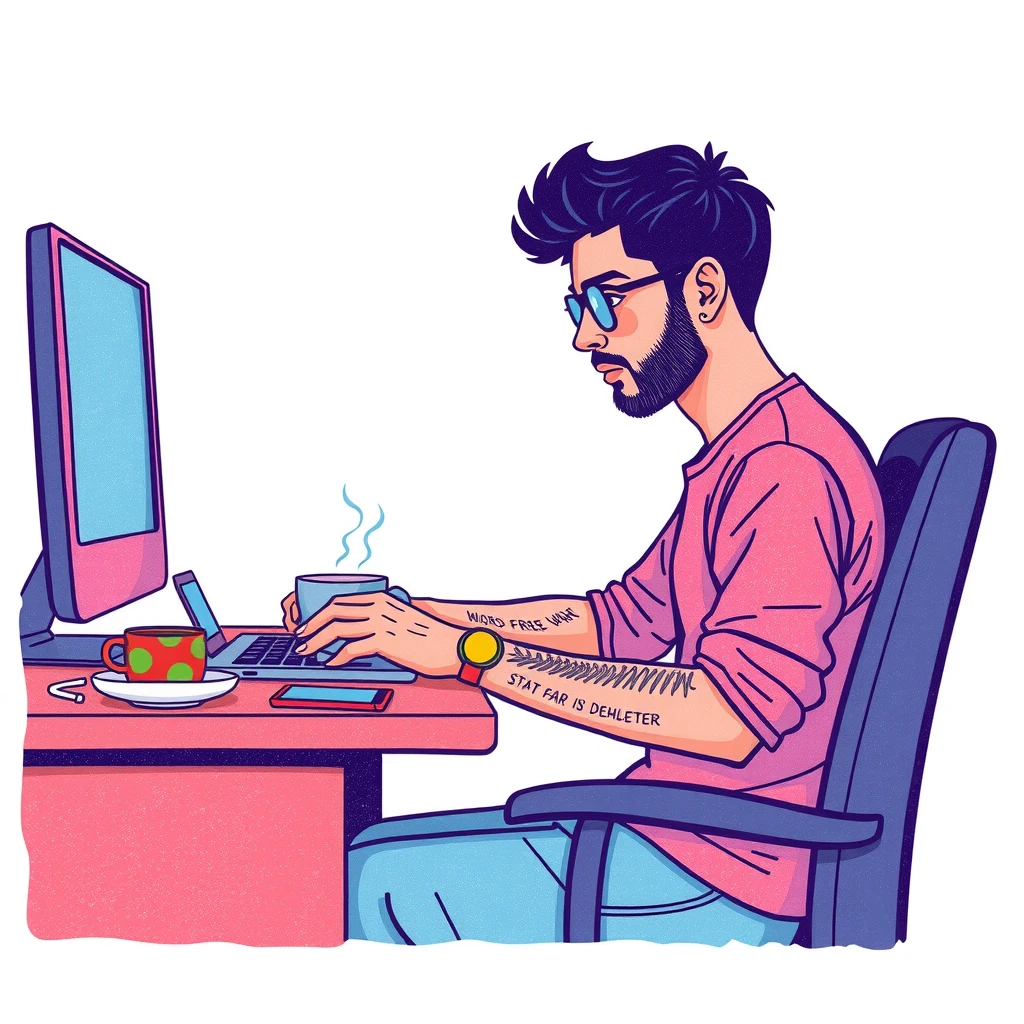 副業でノートパソコンを使うフリーランスのレトロ印刷風イラスト