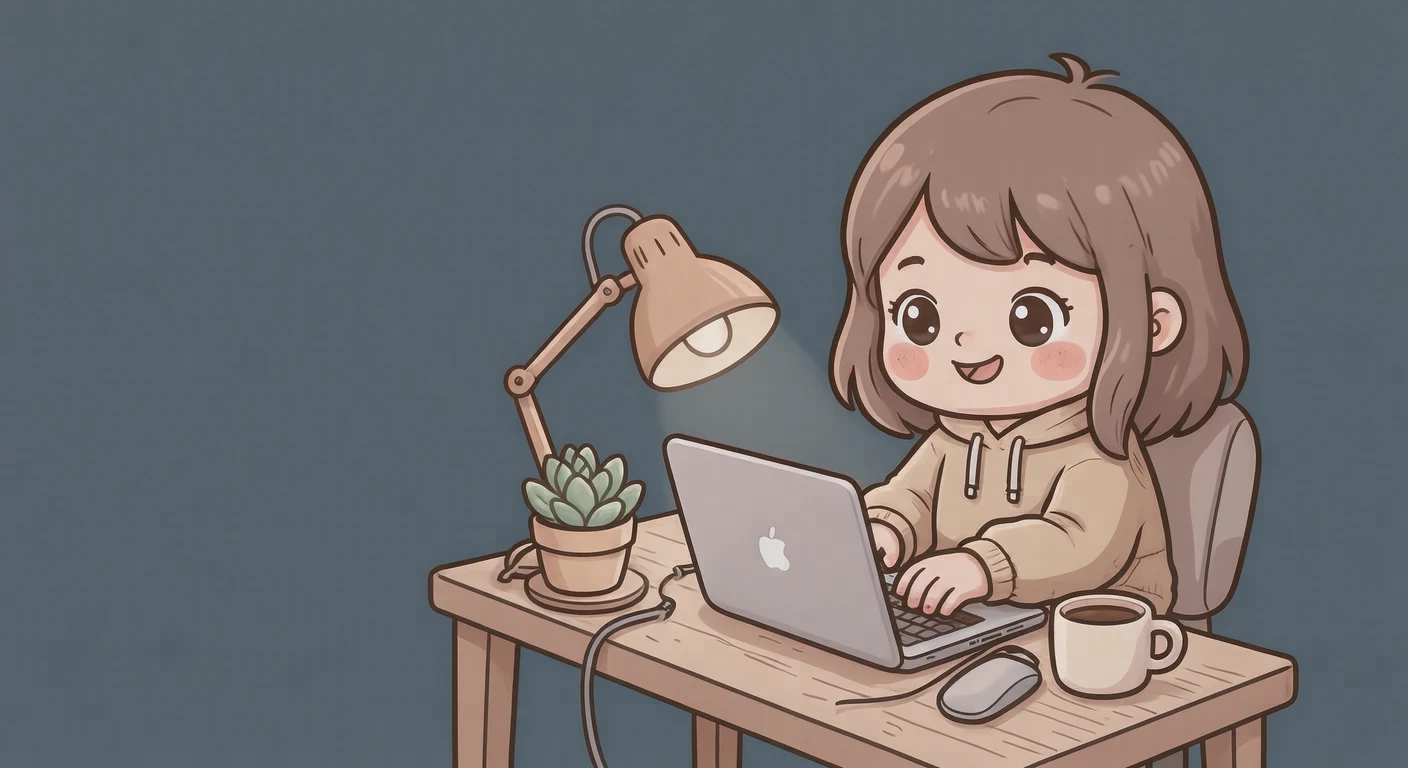 副業でノートパソコンを使うフリーランスのイラスト（デフォルメ）