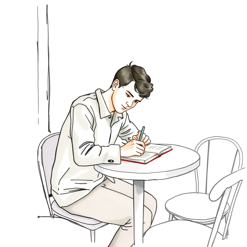 金融のカフェで家計簿に書き込むフリーランスのイラスト（水彩）