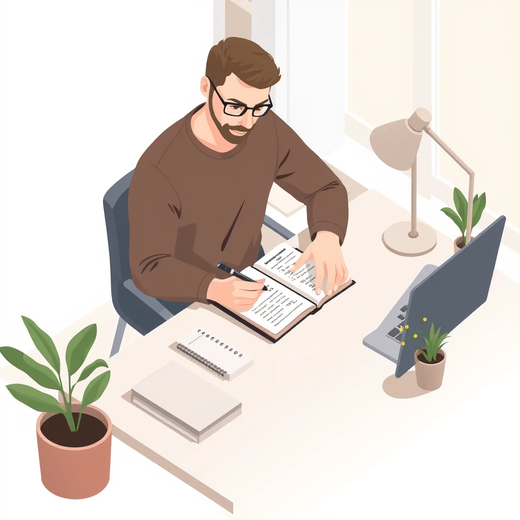 金融の自宅で家計簿に書き込むフリーランスのイラスト（アイソメトリック）