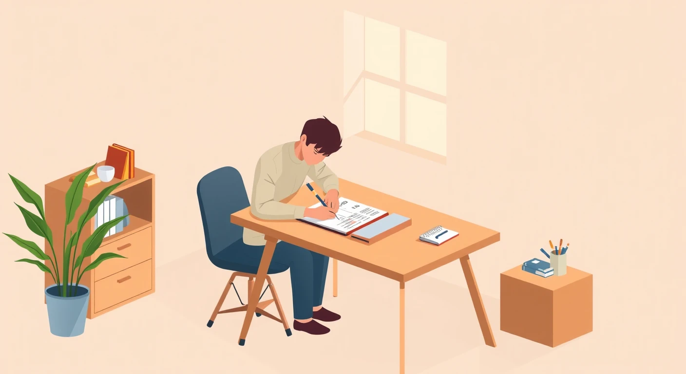 金融の自宅で家計簿に書き込むフリーランスのイラスト（アイソメトリック）