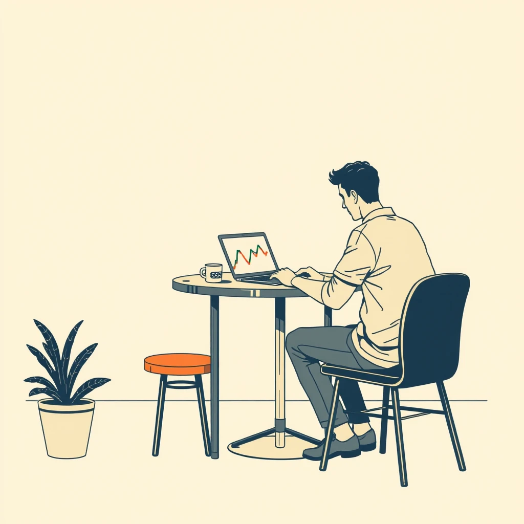金融のカフェでノートPCの株価チャートを見るフリーランスのイラスト（レトロ印刷）