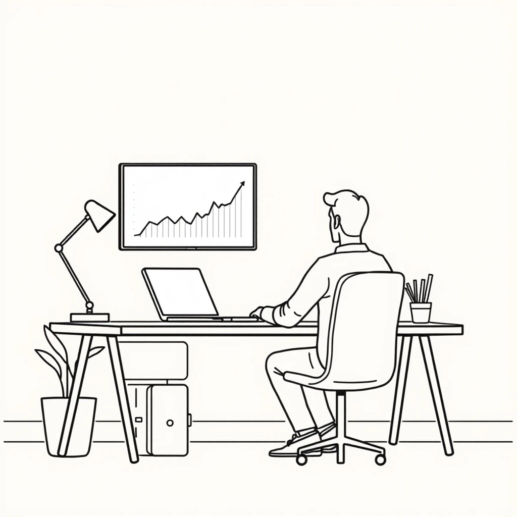 金融の自宅でノートPCの株価チャートを見るフリーランスのイラスト（シンプル線画）