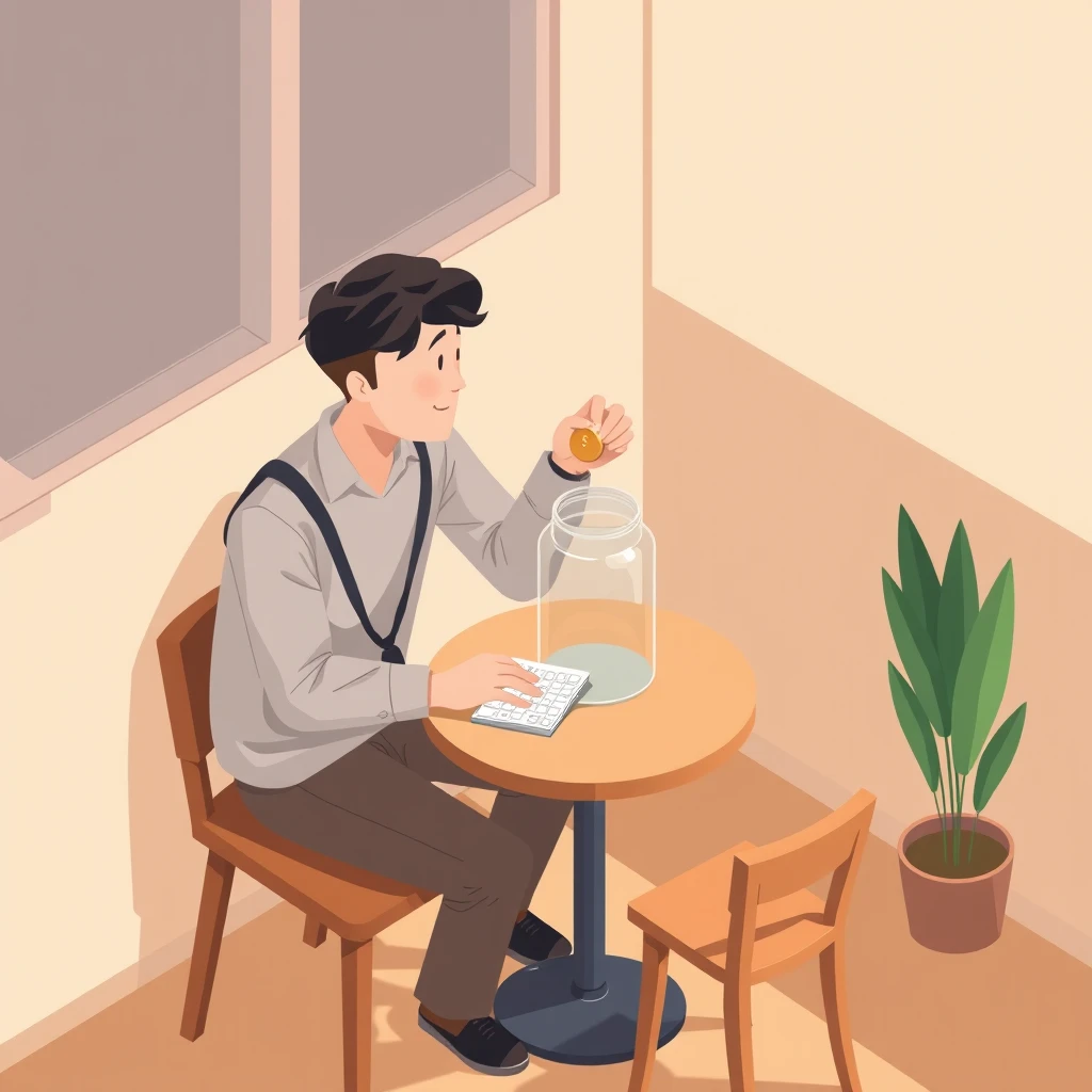 金融のカフェで貯金瓶に硬貨を入れるフリーランスのイラスト（アイソメトリック）