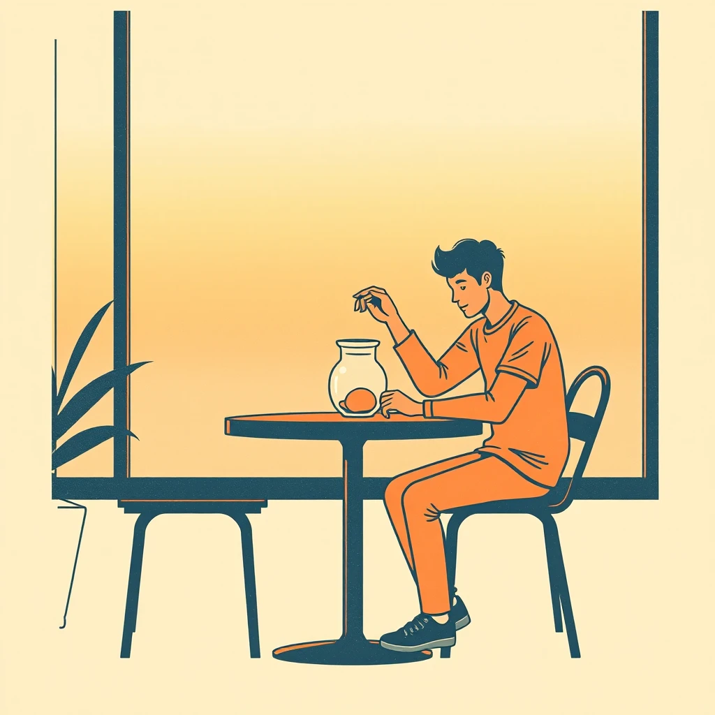 金融のカフェで貯金瓶に硬貨を入れるフリーランスのイラスト（レトロ印刷）