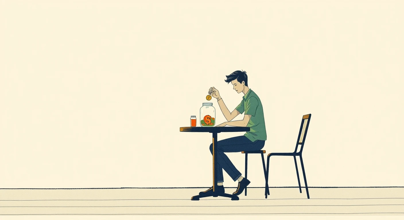 金融のカフェで貯金瓶に硬貨を入れるフリーランスのイラスト（レトロ印刷）