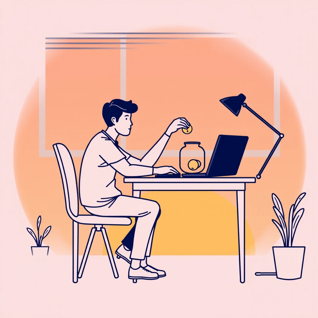 金融の自宅で貯金瓶に硬貨を入れるフリーランスのイラスト（シンプル線画）
