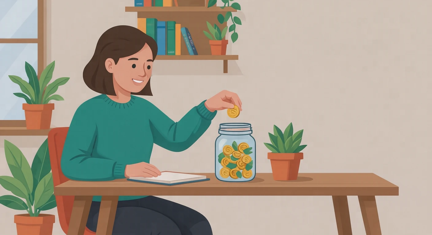 自宅で貯金瓶に硬貨を入れるフリーランスのイラスト（フラットイラスト）