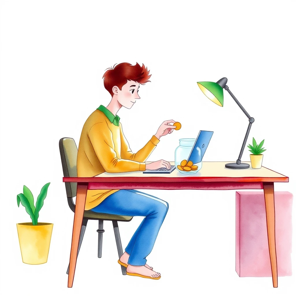金融の自宅で貯金瓶に硬貨を入れるフリーランスのイラスト（水彩）